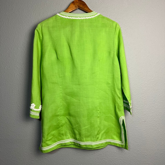 Etcetera Womens Linen Tunic Top Lime Green White Asian Flowy Embellished Size 6 - Picture 4 of 10